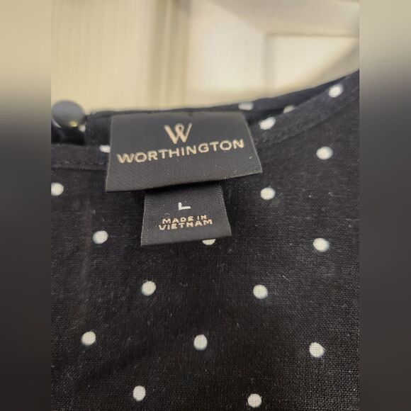 Worthington L Black Polka Dots LINEN Blend Shrtslvs Women’s Top Blouse - Picture 2 of 9